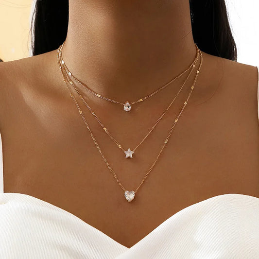 Crystal Zircon Heart Star Charm Necklace